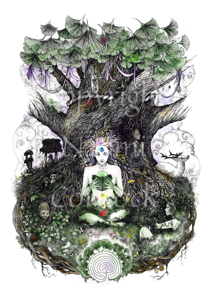 A human figure sits cross-legged at the bottom of a large Ginkgo tree, holding a Ginkgo seed in a nest of leaves in their hands. Chakra positions are marked in colour on the figure, and their hair flows out to become part of the tree. Clooties hang from the tree. A white stag sits to the right, and a labyrinth symbol below.