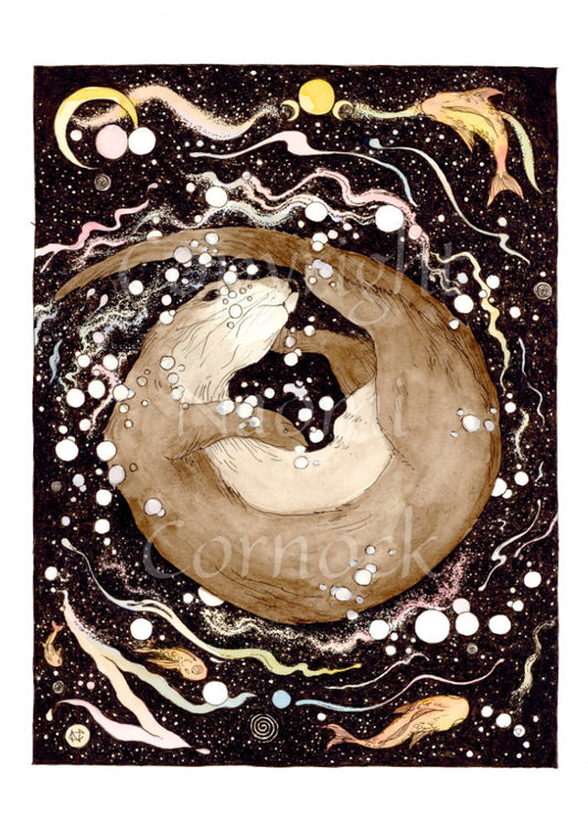 A brown otter curls as he frolics in the dark water. He's surrounded by fish, bubbles and swirls. A triple moon appears at the top, flanked by a crescent moon on one side and a fish on the other.