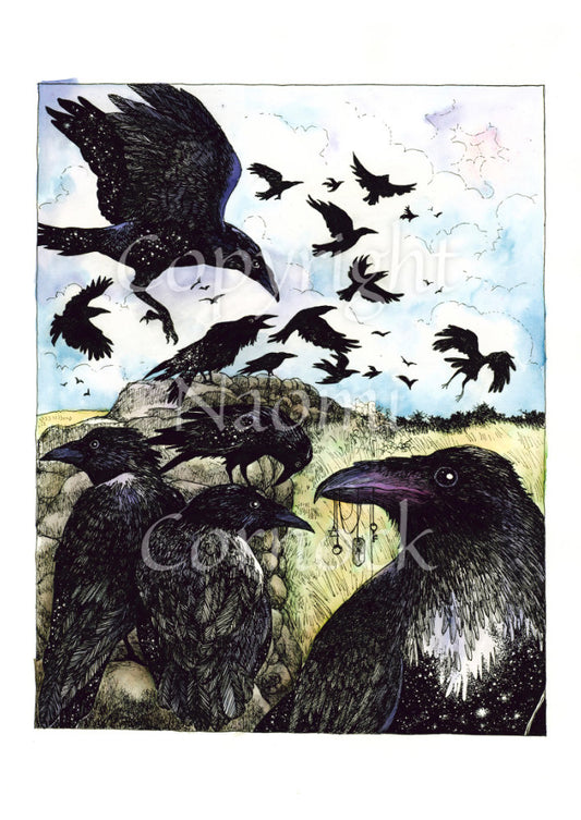 A large flock of ravens sit on and fly around a drystone wall surrounded by yellow-green grassy fields. The blue sky is broken with white clouds. In the foreground a raven holds a string of tokens in its beak, including a pentagram, key and Teiwaz rune.