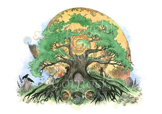 A tree with a short, wide trunk spreads thick roots either side of a small hill. Above, sturdy branches in full leaf spread in front of an orange, swirly sun. A labyrinth nestles at the base of the tree, and in between the roots sits a triple moon with a fairy and small creatures resting within. A stag sits to the left of the tree, and on the right, a human figure with antlers and a staff stands with a doe and her fawn.