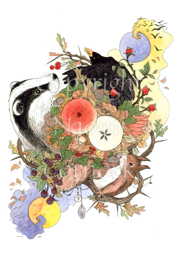 Two halves of a cut apple sit on a bed of leaves, surrounded by a squirrel, badger, blackbird, and tree and berry branches. A blue disc surrounded by yellow wispy clouds appears above, and a yellow disc surrounded by blue wispy clouds appears below.