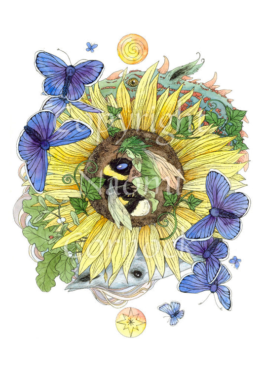 A bee and fairy curl up asleep in the centre of a sunflower. Blue butterflies flutter around them. Ivy and oak twine through the petals. The heads of two dragons can be seen above and below, behind the sunflower. A yellow/orange spiralled disc sits at the top, and similar disc with a star sits at the bottom.