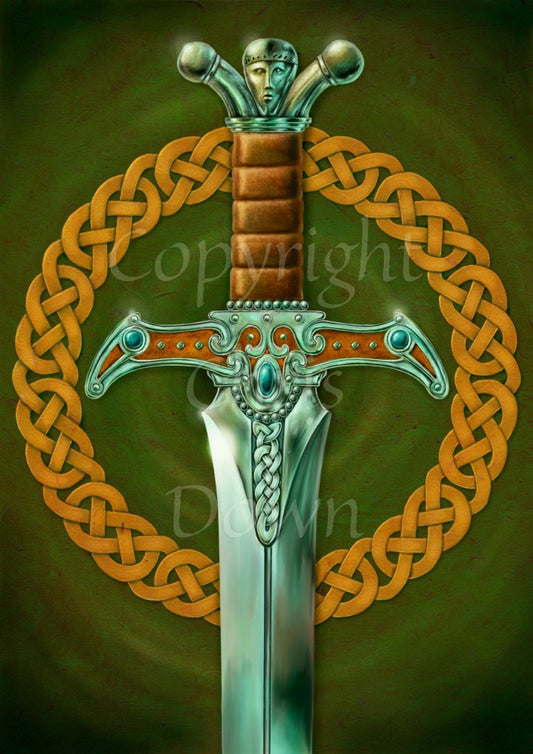 A shining silver sword stood upright, the handle and part of the blade visible. The handle is leather, and there's a face in the pommel. A bronze-coloured Celtic knot circle sits behind the sword. The background is green.