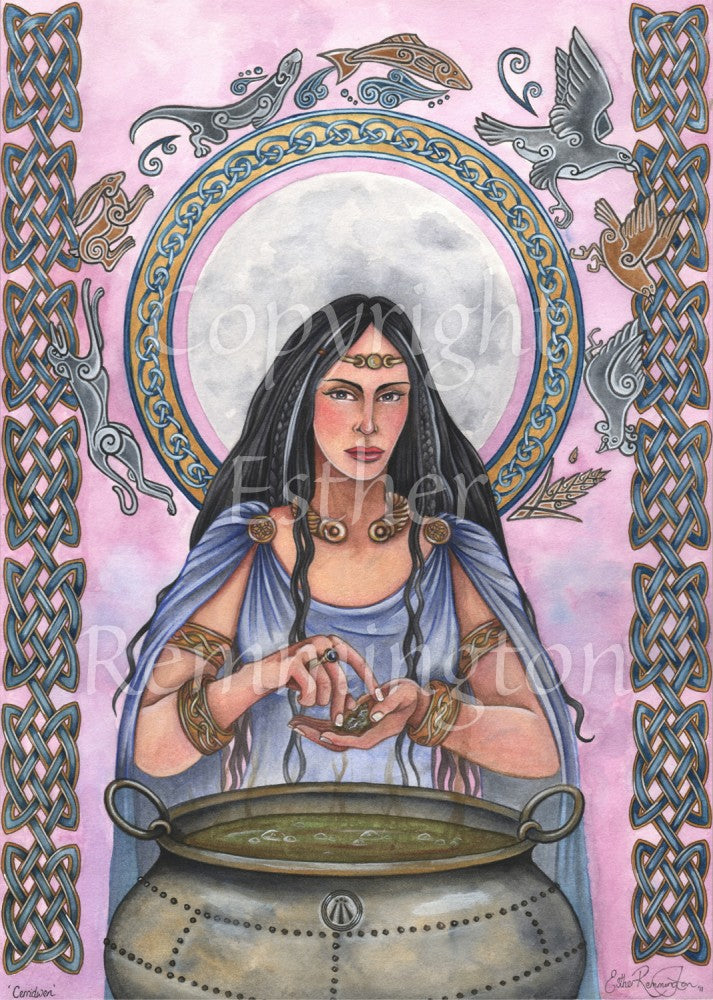 A woman with long dark hair and wearing a blue dress stands in front of a cauldron, facing the viewer. Her hands are held over the cauldron, with one hand about to pick up something held in her other cupped hand. Behind her, a full moon is enclosed in a ring of knots. Animals including birds, hares and fish, drawn in a Celtic style, run around the ring. Celtic knots run down the left and right of the design. The background is a mottled pink.