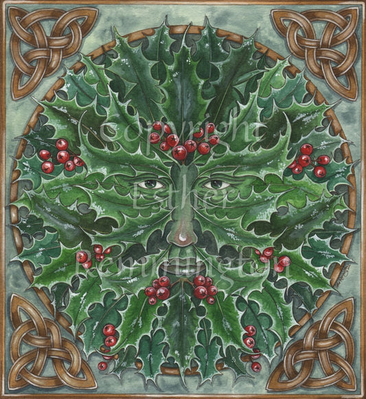 Holly leaves and berries radiate away from a central face embedded in the leaves. Brown Celtic knots fill the corners of the design.
