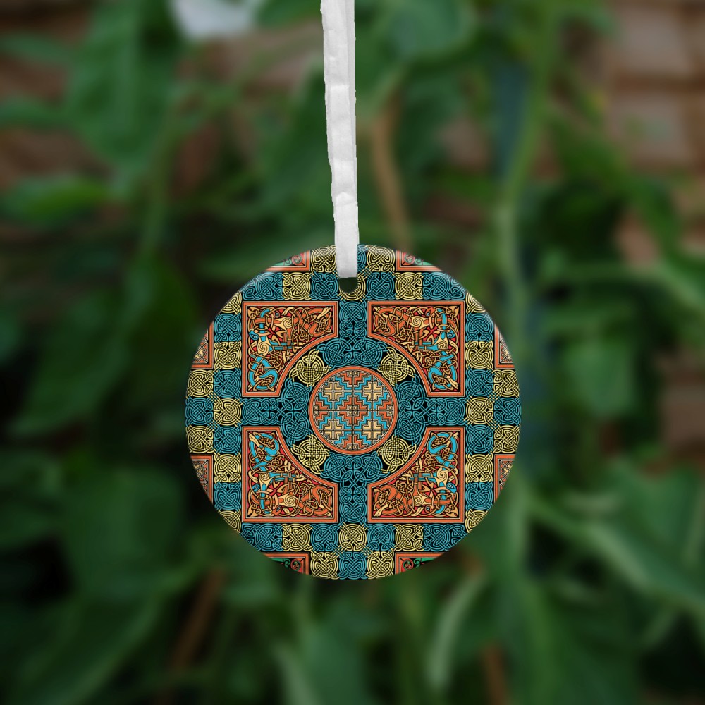 An intricate design incorporating dozens of Celtic knots. Colours are orange, beige and blue.