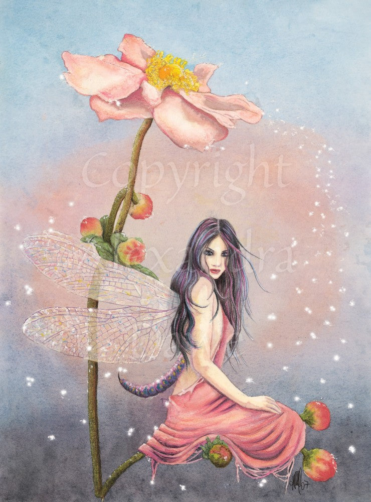 A fairy with transparent dragonfly wings and wearing a pink sleeveless dress sits on a wild rose branch between three flower buds. She looks towards the viewer Another branch rises behind her, with an open pink flower at the top.