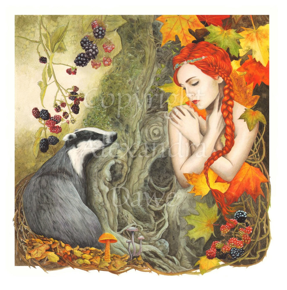 A woodland scene. On the left is a badger, sitting against a moss-covered tree trunk in the centre of the image, looking towards a crouching woman with bright red hair, her bare arms folded across her chest with her hands over her shoulders. She looks towards the badger with eyes part-closed. Blackberries hang above the badger, with autumn leaves and mushrooms at its feet. The woman is surrounded by large, autumn coloured leaves, with blackberries at her knees. Overall colours are oranges, reds and greens.