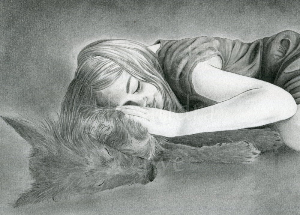 A young wolf lies on his side, asleep. A young girl lies sleeping on the wolf, her hand on his shoulder. Image is monochrome.