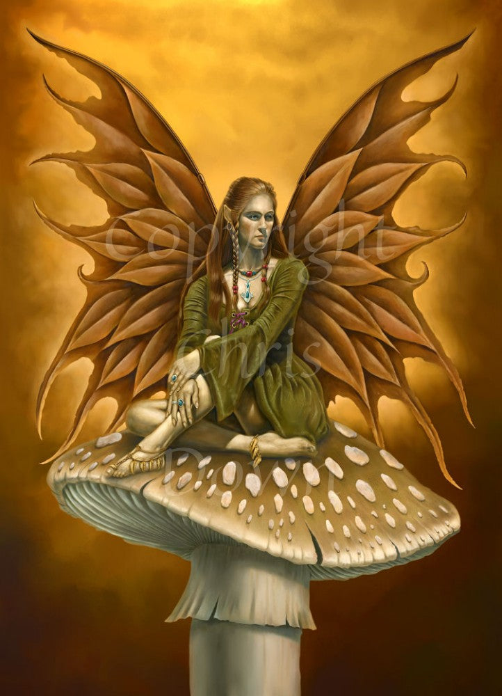 Painting of a fairy sitting on a brown and white spotted mushroom. The fairy has red-brown hair in braids, leaf-like wings, and is wearing a khaki-coloured dress. The background is orangey-brown.