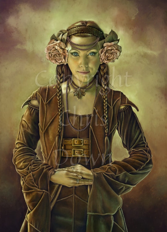 Painting of a woman standing looking towards the viewer with her hands cupped at waist height. She has large pink roses in a head band on either side of her head, and is wearing a brown leather dress.