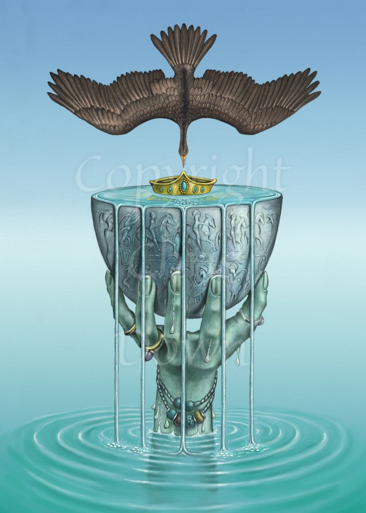 An upwardly-raised hand rises out of water holding a curved cup in its fingers. Water overflows from the cup back into the water. Above, a black bird with outstretched wings dives vertically into the cup, in the centre of which is a golden crown. The overall colour is turquoise.