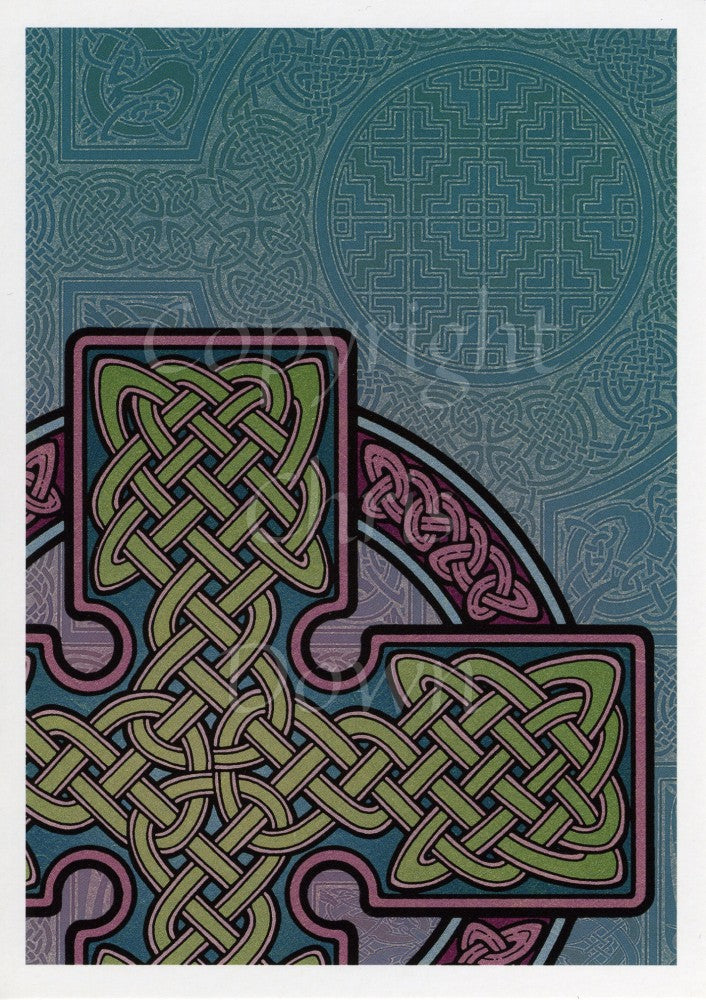 Design showing just the top and right arms of a Celtic cross, positioned to the bottom left, and across the entire width of the design. Traditional Celtic knotwork is in the centre of the cross. In the background, more Celtic knotwork in a dark turquoise colour. The main cross colours are a mix of sage green, deep pink, and dark blue.