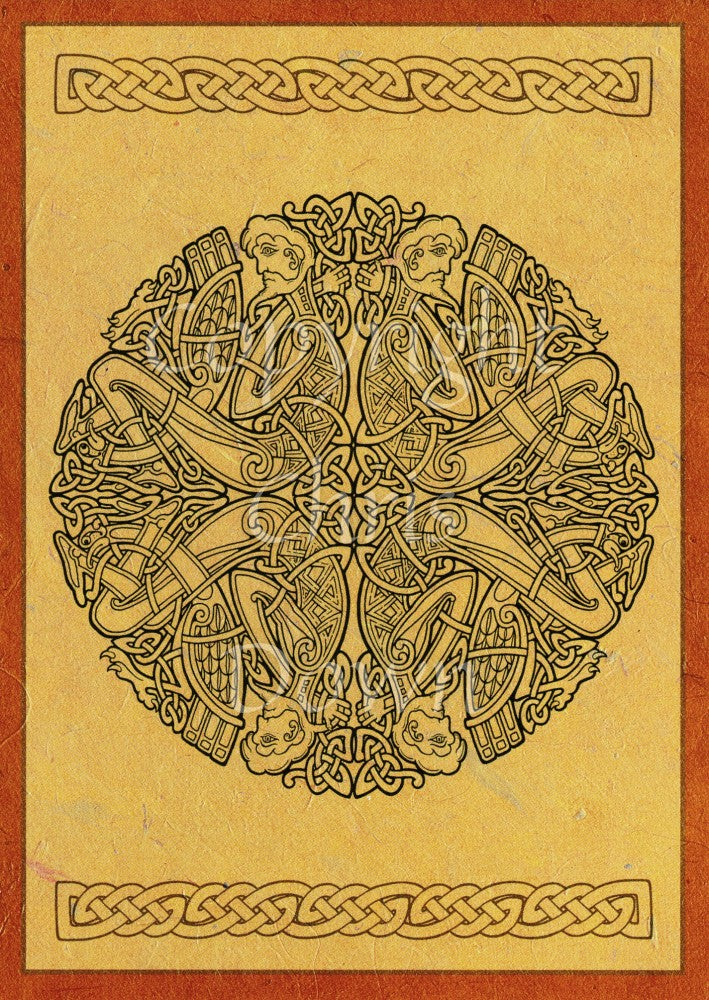 A circular Celtic outline design featuring four men and four birds facing left and right, then the same but upside down. Colours are mostly dark beige and black. There's also a dark orange border, and a simple horizontal Celtic knot design across the top and bottom.
