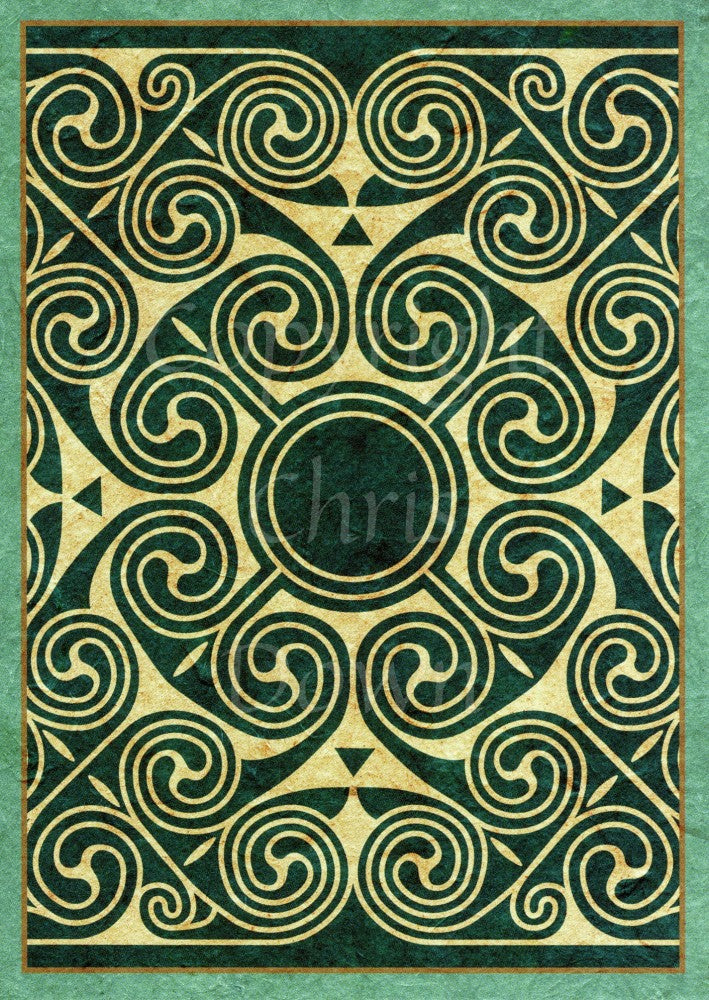 A repeating Celtic swirl pattern, rotating around a central circle. Colours are dark green and beige, with a mid-green border.