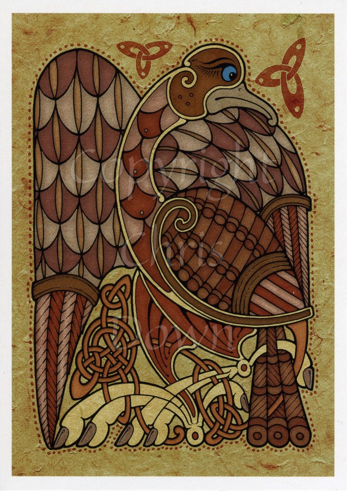 An eagle painted in a Celtic style dominates this work. The blue-eyed bird sits with one wing half-folded down to the left. The other wing is tucked in under his head, which faces to the right. Colours are brown, red and beige, on a dark beige background.