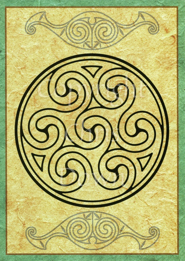 A series of Celtic spirals enclosed in a circle. There are two further Celtic shapes above and below the main circle. The background is a beige pattern, with a green border. the Celtic design is black.
