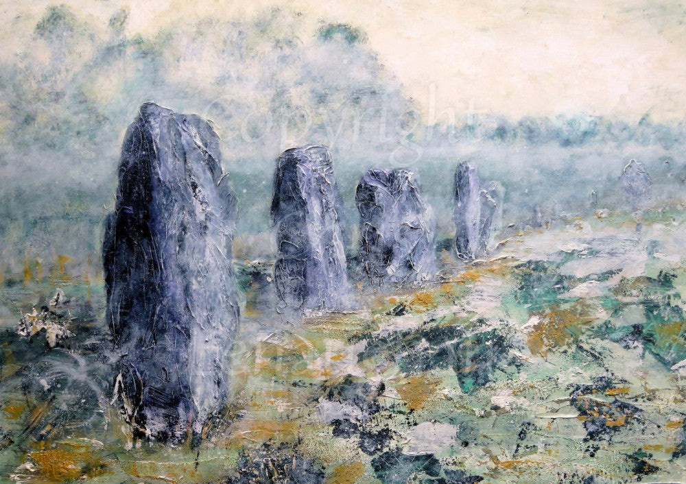 Impressionist-style painting of four grey standing stones in a row, forming part of a circle. The stones extend into the distance, the nearest filling the left quarter of the painting with the others progressively smaller going to the right. The ground in front of the circle is rough brush-strokes of green, grey and tan. The background is mottled blue-grey and off-white.