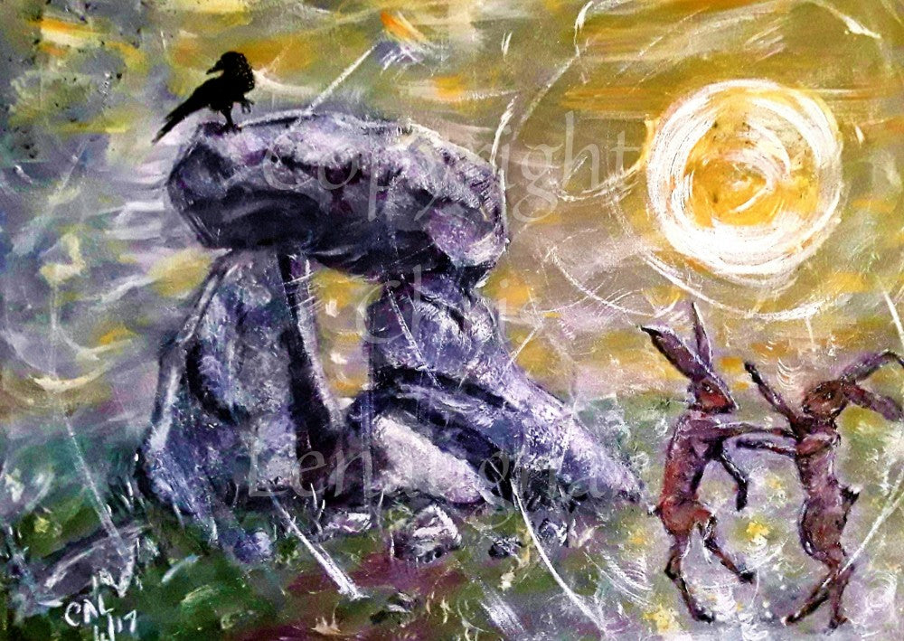 A dolmen (neolithic burial chamber) sits from the left to centre in this impressionist-style painting. Two red-coloured hares box to the right, above them, the sun blazes in the sky. Colours are purple, red and orange.