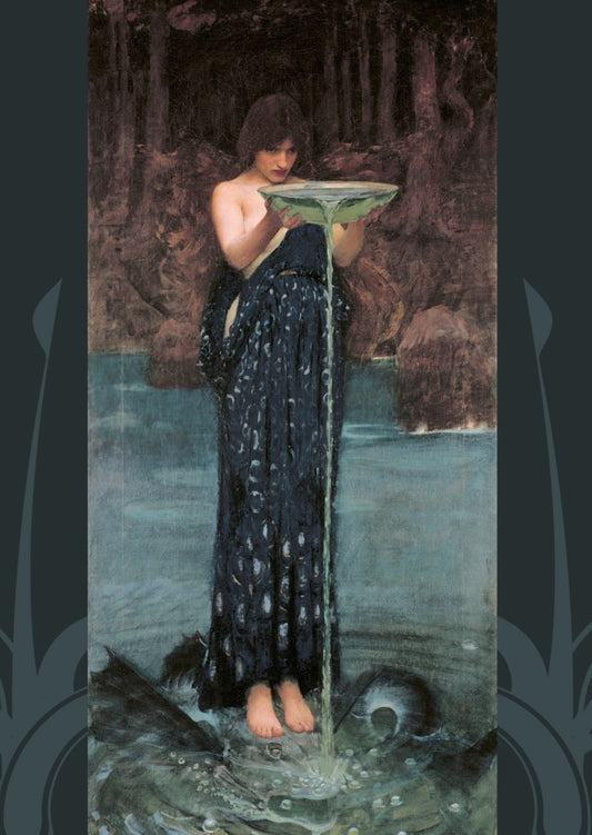 A young woman in a blue dress hovers above a pool of water. In her hands she holds a clear bowl, and water is pouring off the front edge of the bowl into the pool below. Something with wings is in the water beneath her. Extending behind her into the near distance is more of the pool, rising into dark woodland. Colours are blues and browns.