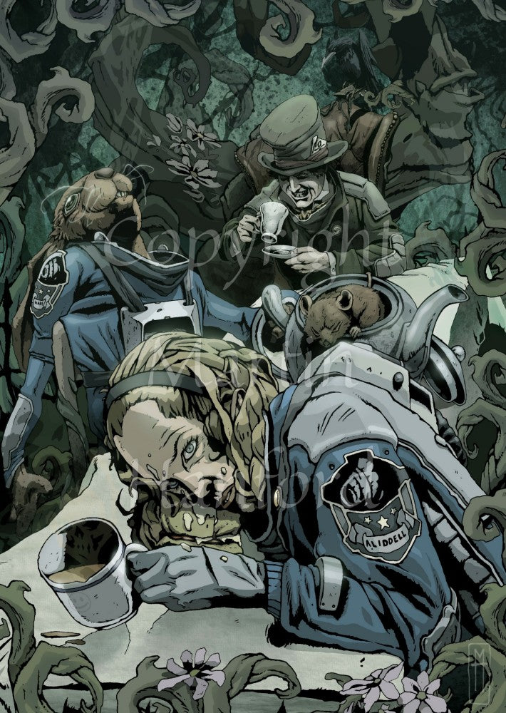 Four characters in space suits sit dead or dying around a table. At the front of the painting a blonde woman wearing an 'A Liddell' badge on her upper arm, holding a half-spilled cup in her hand, lies dead across a table.  On the left, a rabbit character lies dead leaning back in a chair. At the rear, a man in a top hat looks suspiciously into a cup. On the right, a rat lies dead in a teapot. Colours are subdued blues, greens and grey.