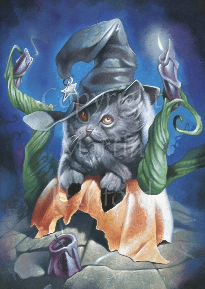 A grey cat or kitten sits on the top half of a broken Halloween pumpkin, his paws in the pumpkin's eyes. The cat is wearing a bent witch's hat with a star at the end. Green tendrils twist out of the pumpkin, one of them has a lit purple candle at the top. Another unlit candle sits on the floor in front of the cat.