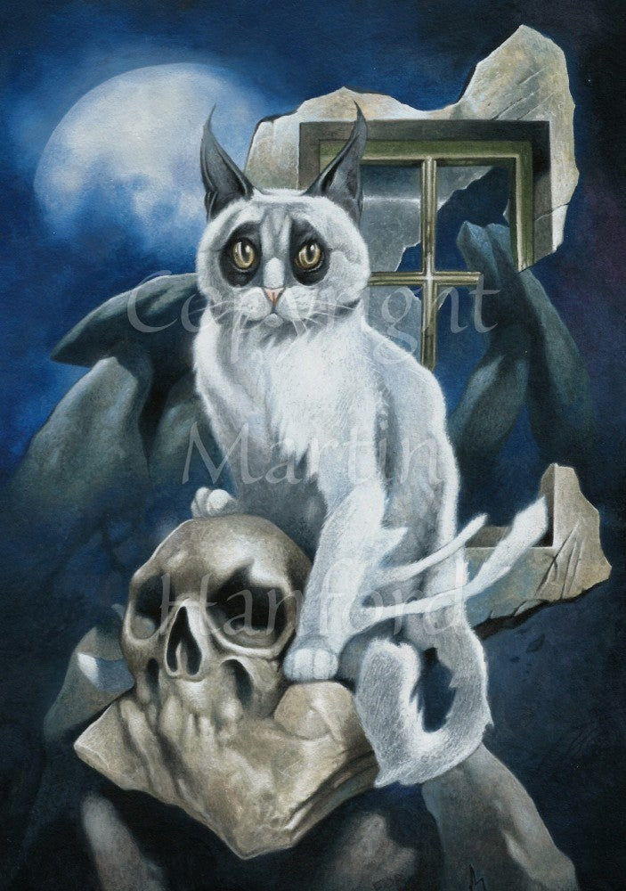 A white cat with black fur around the eyes and black ears sits perched on a skull and looking towards the viewer. In the background is a megalith, a broken window and a full moon rising from behind clouds. Colours are deep blue, grey and light brown.