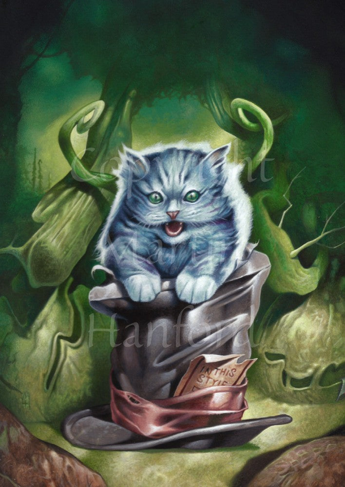 An excited grey/blue meowing kitten sits on a large black top hat. Behind him, large green tree tendrils rise to the top of the painting.