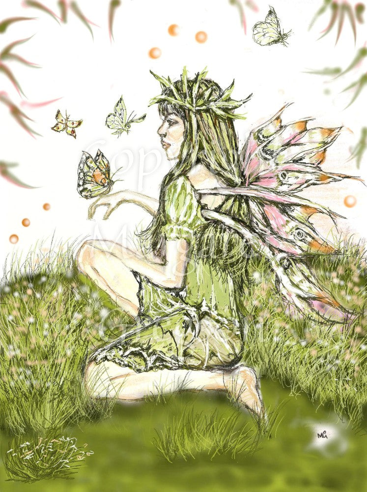A fairy in a green dress half-crouches in the grass, facing to the left. Butterflies flutter around her, and one sits on her outstretched hand.