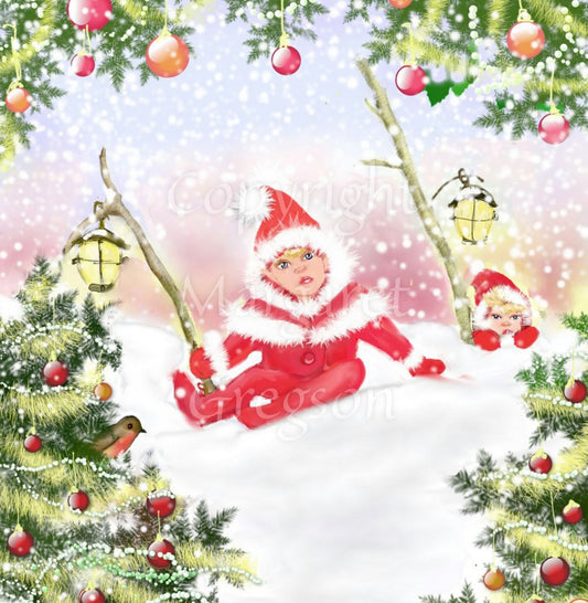 A Christmas elf, dressed in a red and white santa suit and looking like a small child, sits in the centre of the painting holding a lantern at the end of a tree branch. The elf sits on snow, and snow is falling. All around the edges of the painting are Christmas tree/spruce branches adorned with baubles, and in the left-hand tree, a Robin. To the right, another elf sits crouched in the snow.
