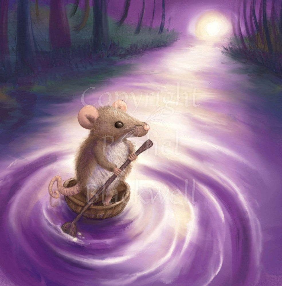 A cute brown mouse, standing in half a nut shell and holding a twig shaped like an oar, drifts down a stream towards a bright light. Trees line either side of the stream. Colours are purples and greens.