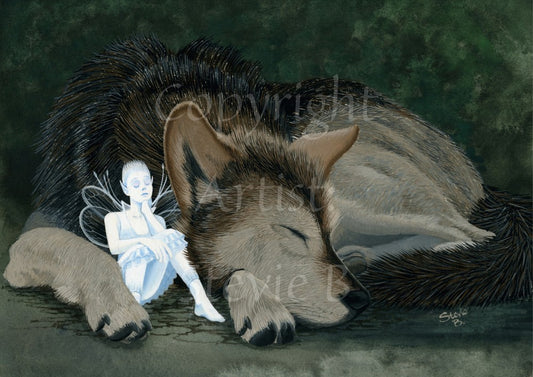 Painting of a wolf sleeping curled up facing the viewer. A small white fairy sits between his paws, dozing with one hand under her chin.