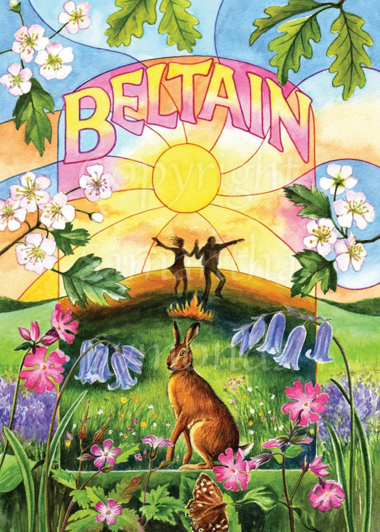 The top of the painting shows a mid blue sky, overlaid with hawthorn blossom and oak leaves. "Beltain" is written across the sky. In the middle, two silhouetted figures dance behind a small fire. There's hawthorn blossom to the left and right. At the centre of the bottom third, a brown hare site in the grass, surrounded by red campion and bluebells to the left and right.